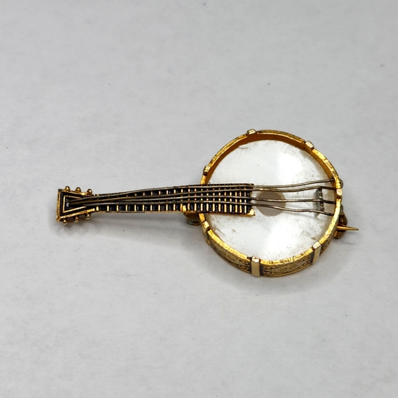 Jewelry Vintage Damascene Banjo Mother Of Pearl Spain Sign Pin Brooch
